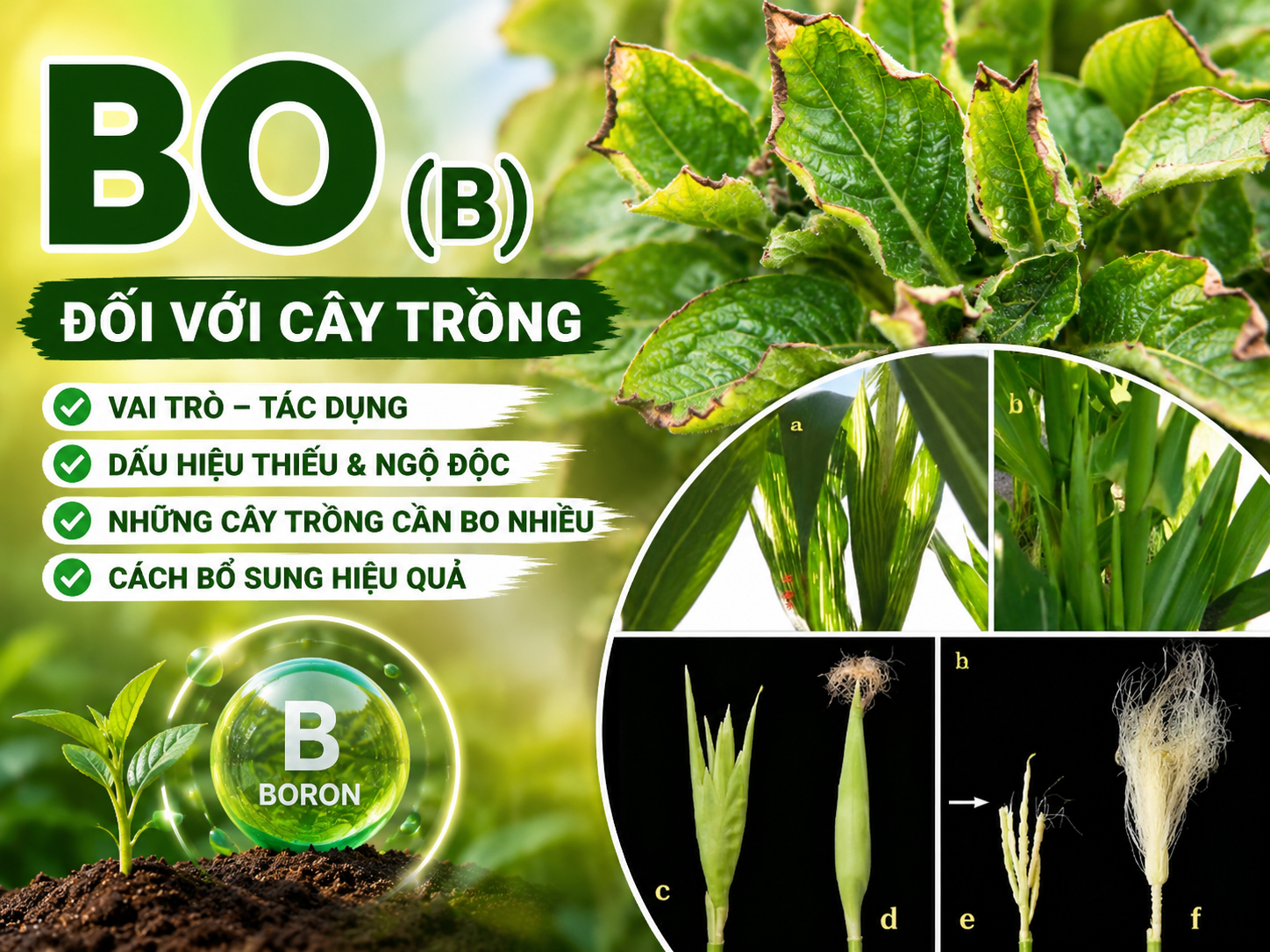 Bo (B) đối với cây trồng: Vai trò, dấu hiệu thiếu, ngộ độc và cách bổ sung hiệu quả