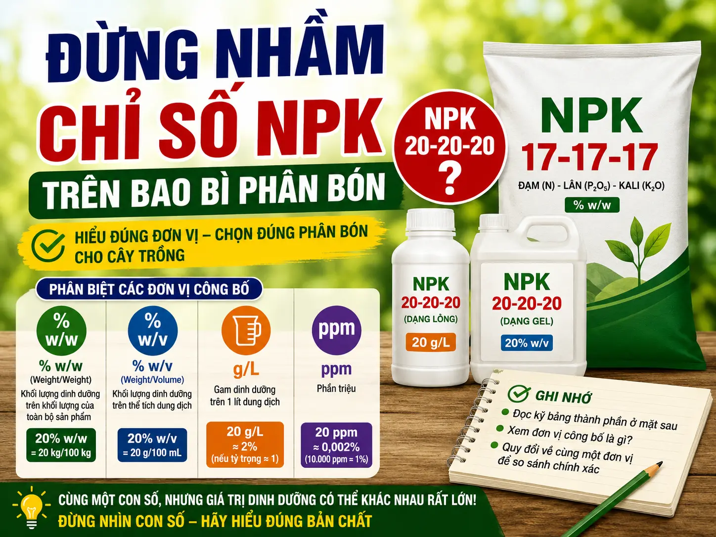 Đừng nhầm chỉ số NPK trên bao bì phân bón: Hiểu đúng % w/w, % w/v, g/L và ppm
