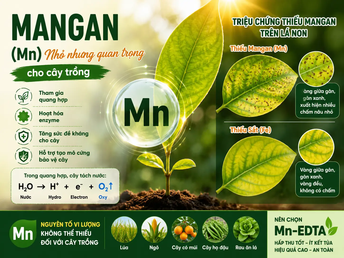 Mangan (Mn) đối với cây trồng: Vai trò, dấu hiệu thiếu và cách bổ sung hiệu quả